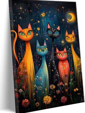 Colorful Cat Canvas Wall Art - Mystical Night Sky Decor for Bedroom & Dorm